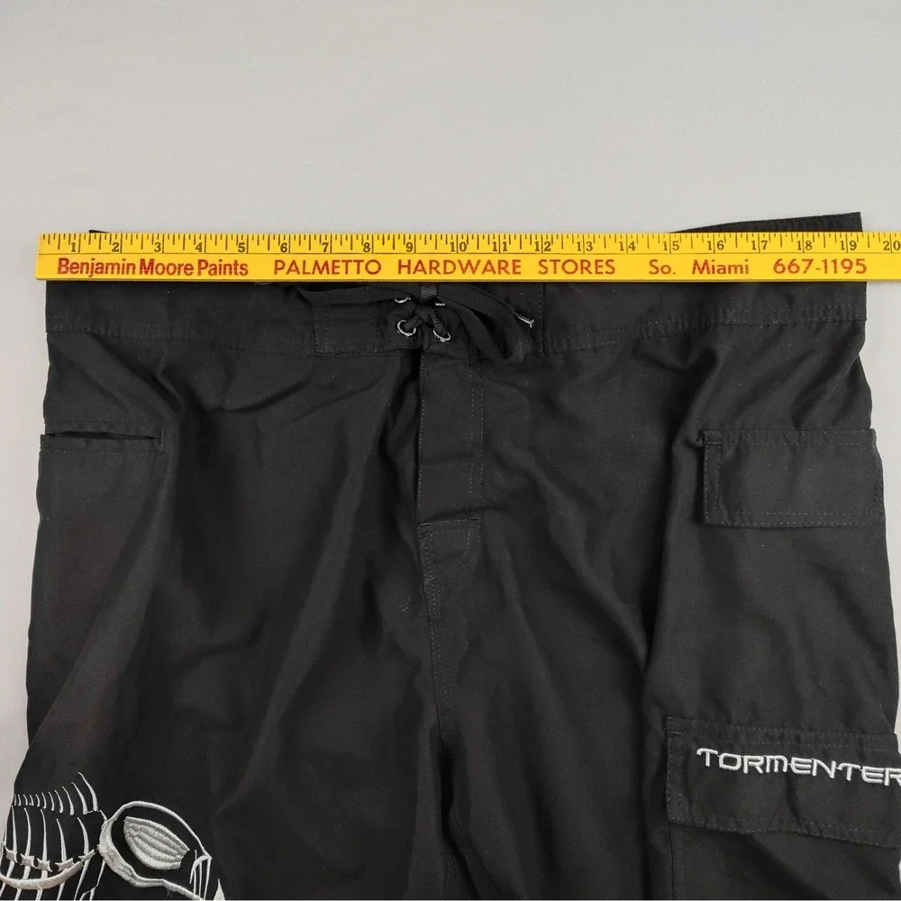 Tormenter Mens Size 38 Board Shorts Swim Trunks Black Fish Skeleton Graphic